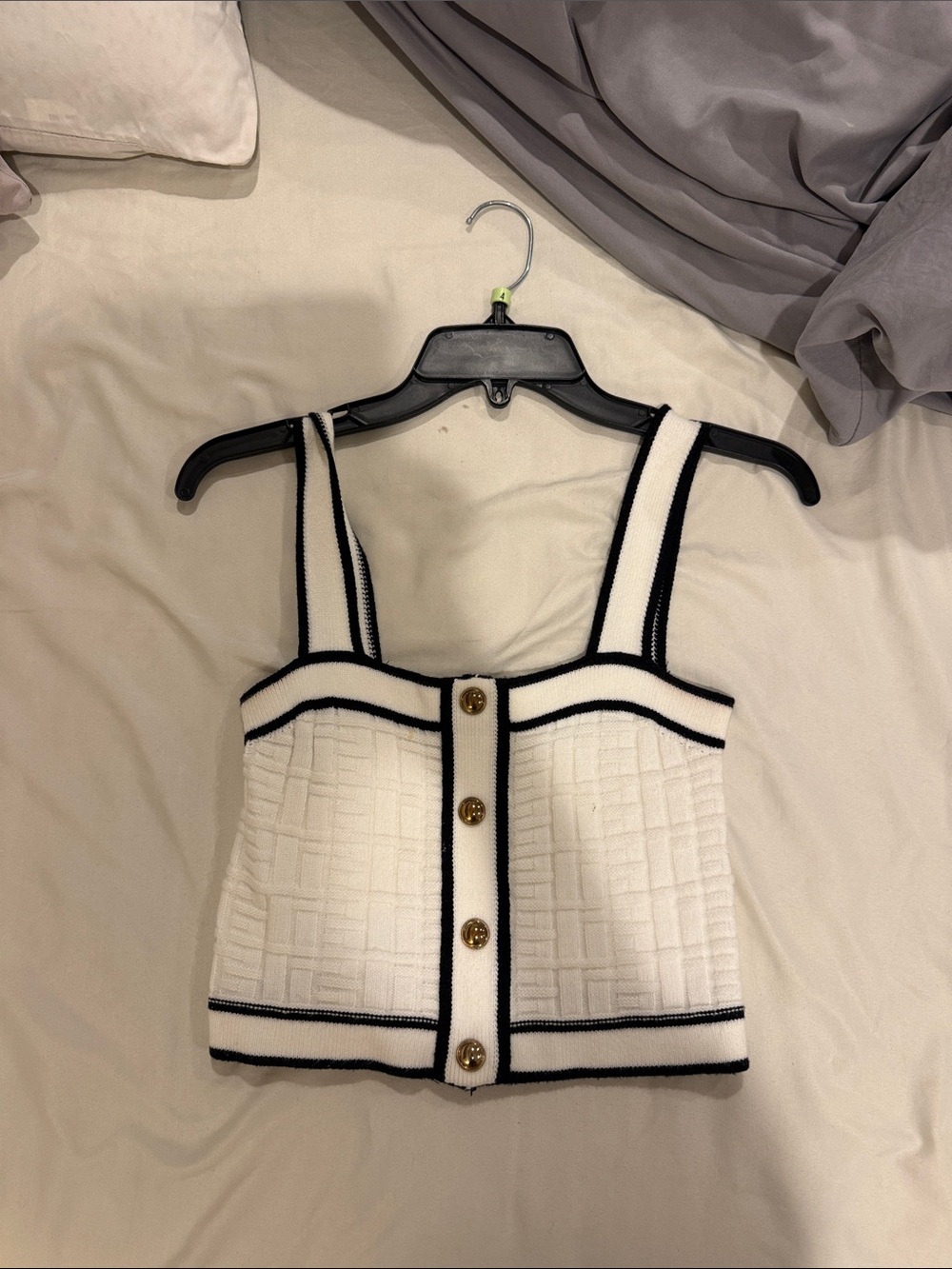 White Knit Button-Front Crop Tank with Black Trim